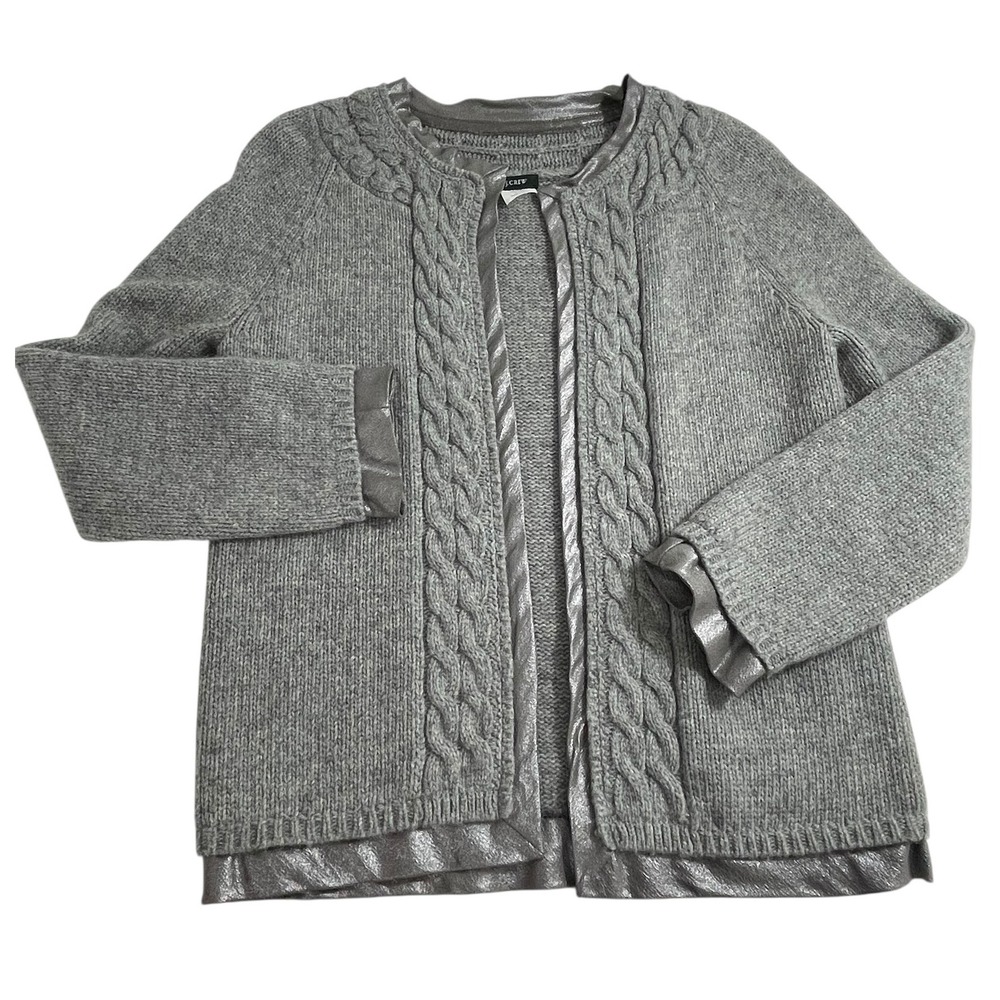 J. Crew Women's Small Gray Cable Knit Wool Cashmere Blend Trim Cardigan Sweater